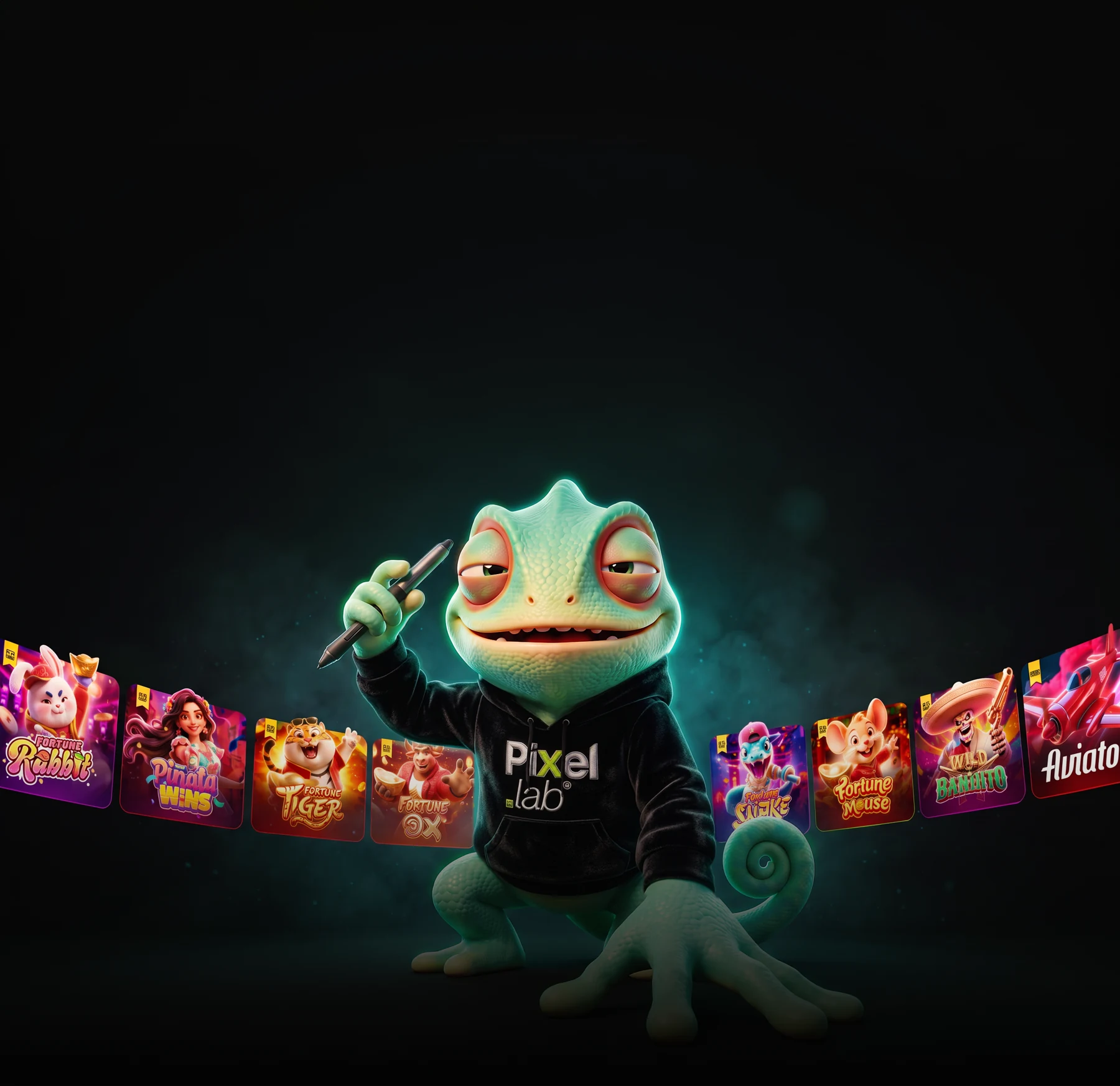 Bob, mascote da Pixel.lab, com uma seleção de thumbnails de jogos